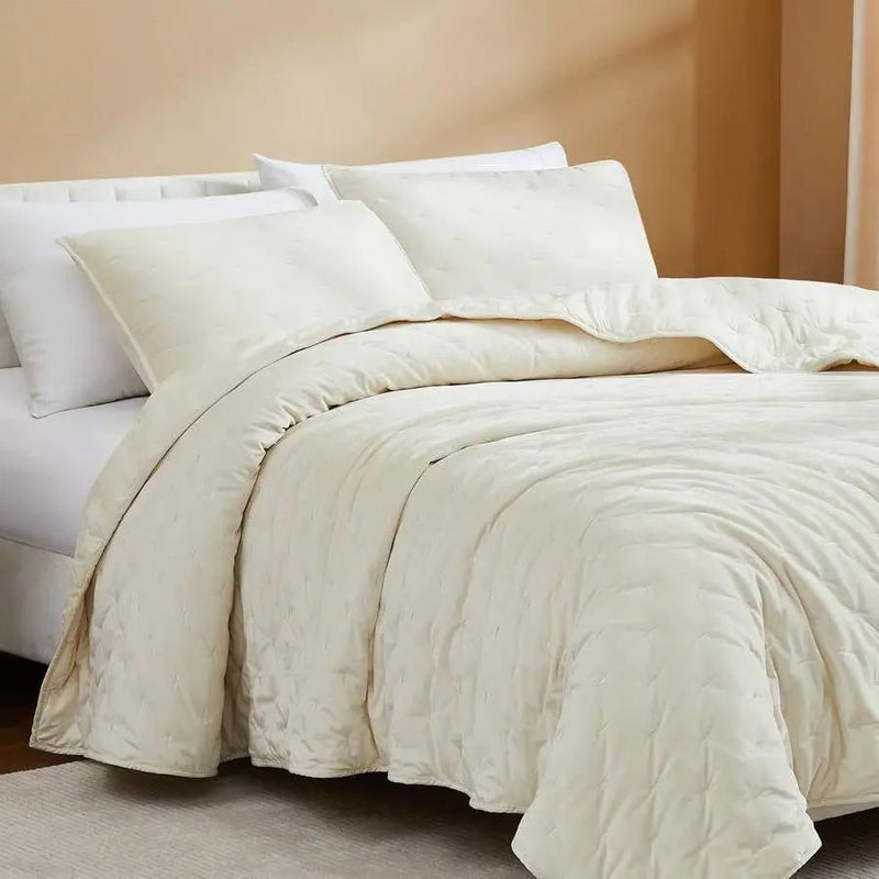 Full / Queen 3-Piece Cream Velvet Embroidered Super Soft Quilt Set by HomePacific