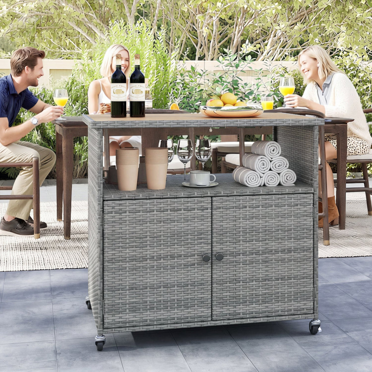 Outdoor Storage Cabinet with Acacia Wood Top and Lockable Wheels, photo 9 of 10