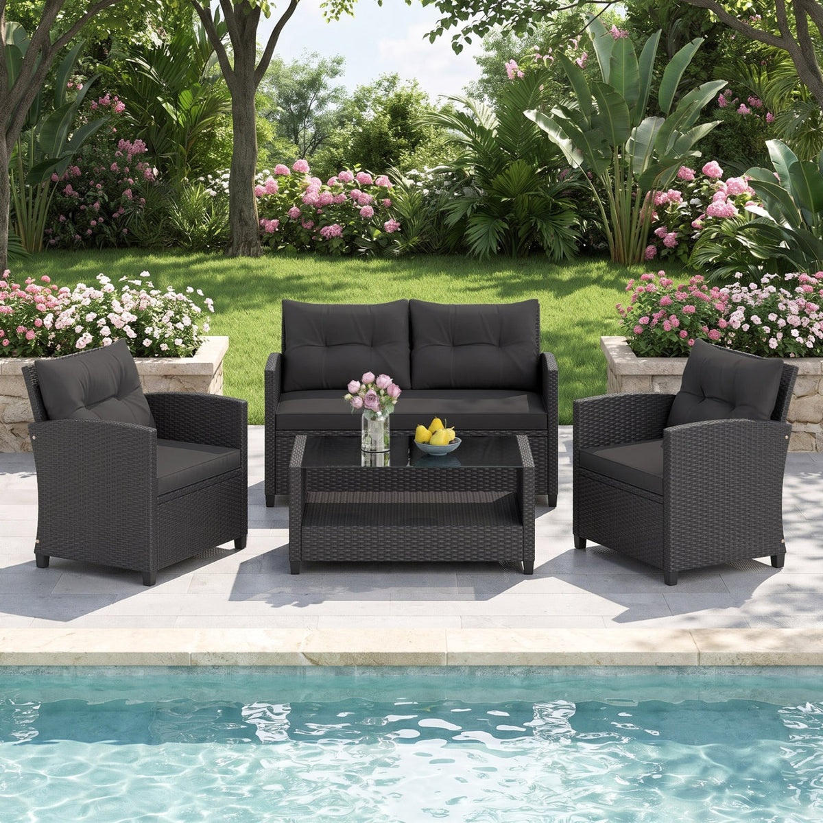 4 Pieces Patio Rattan Conversation Furniture Set with Glass Top Coffee Table-Gray, photo 10 of 10