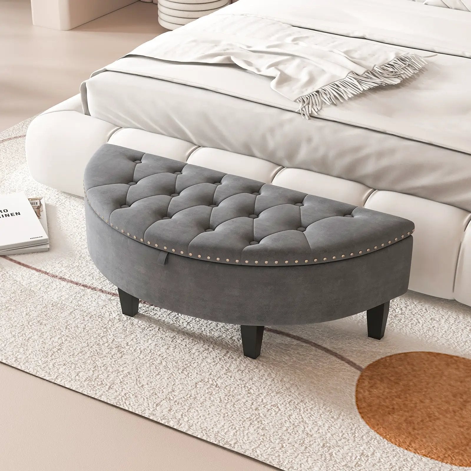 Half Moon Storage Bench with Rubber Wood Legs-Gray by DirectDeals