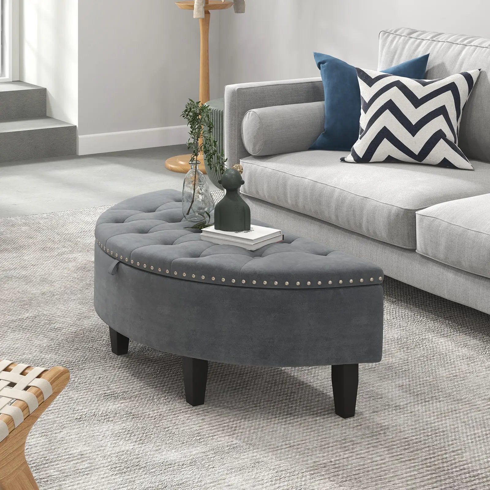 Half Moon Storage Bench with Rubber Wood Legs-Gray by DirectDeals