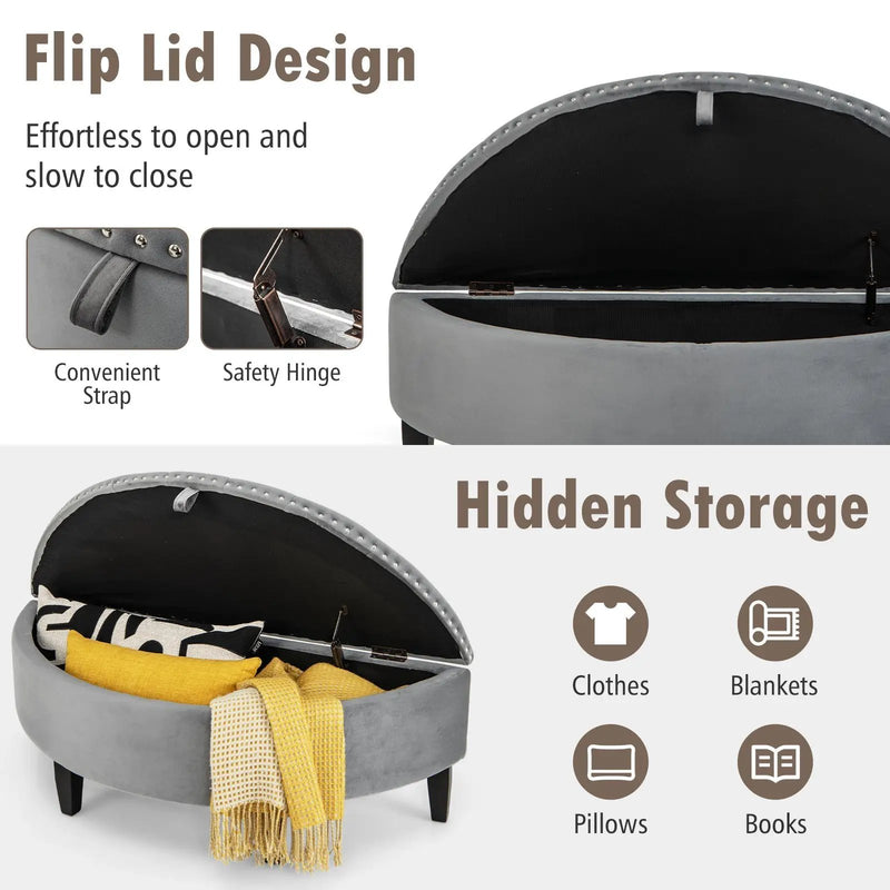 Half Moon Storage Bench with Rubber Wood Legs-Gray by DirectDeals