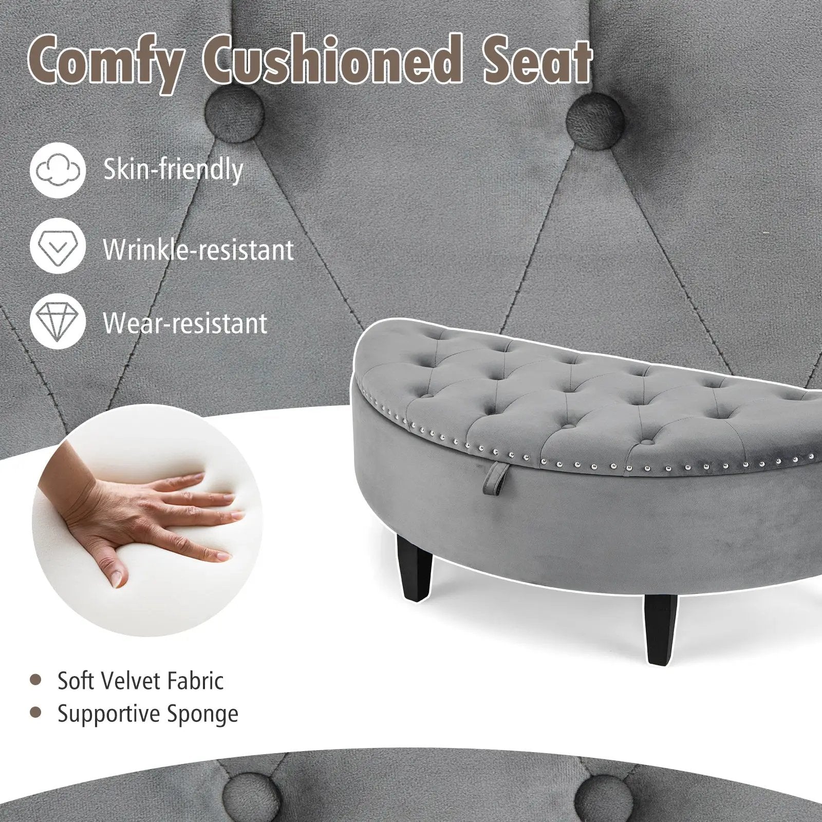 Half Moon Storage Bench with Rubber Wood Legs-Gray by DirectDeals