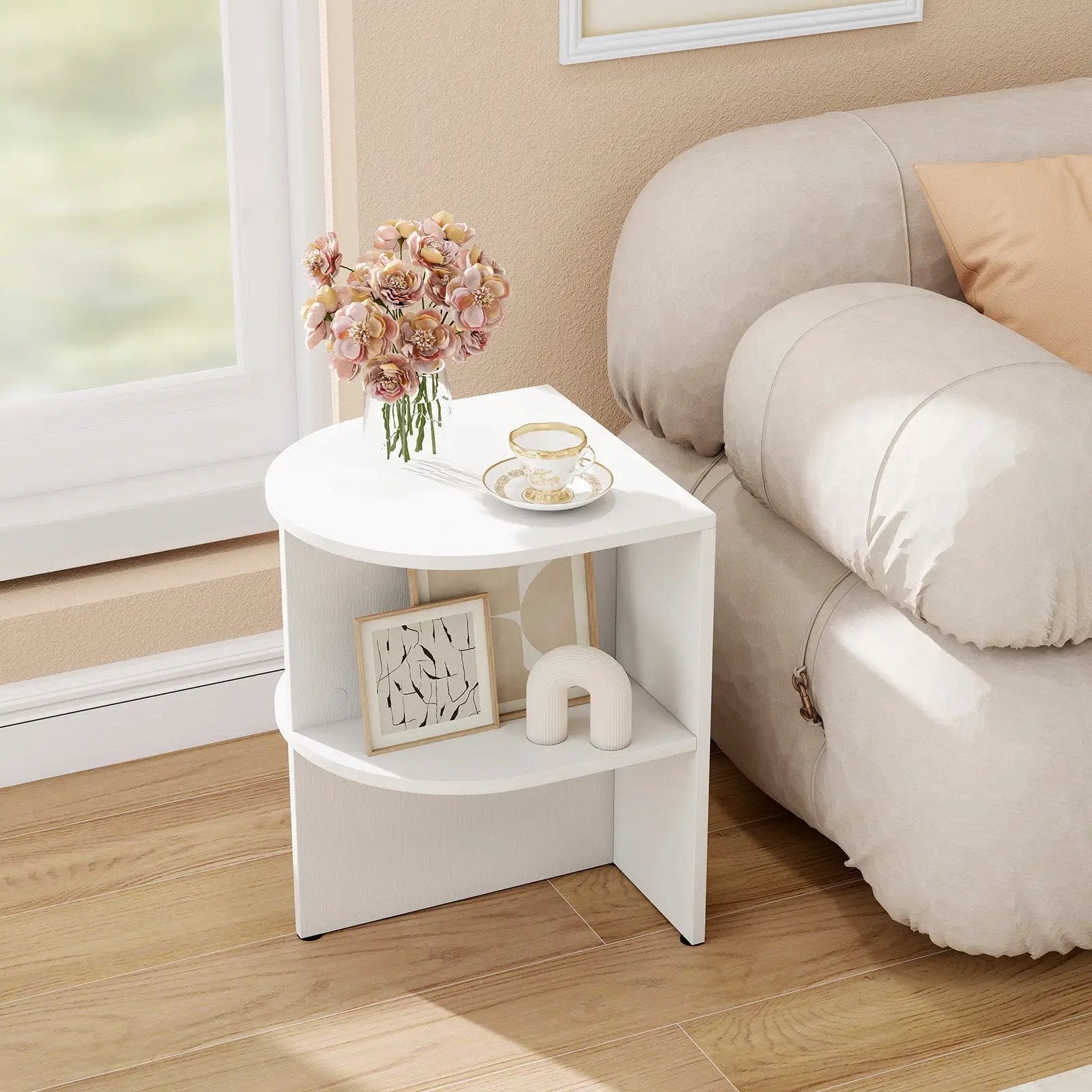 Half Round End Table with Open Shelves for Small Space-White by DirectDeals