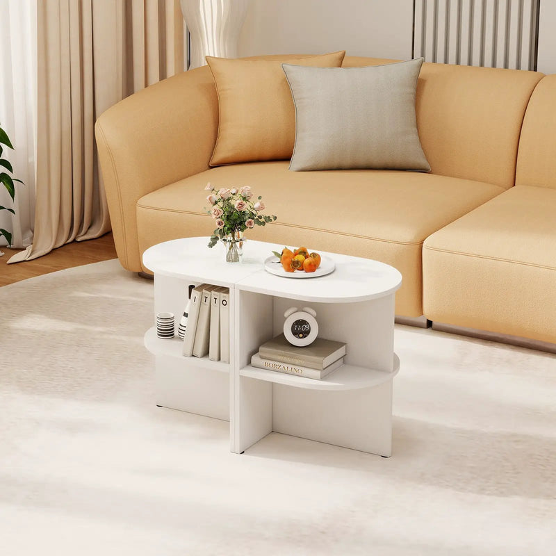 Half Round End Table with Open Shelves for Small Space-White by DirectDeals