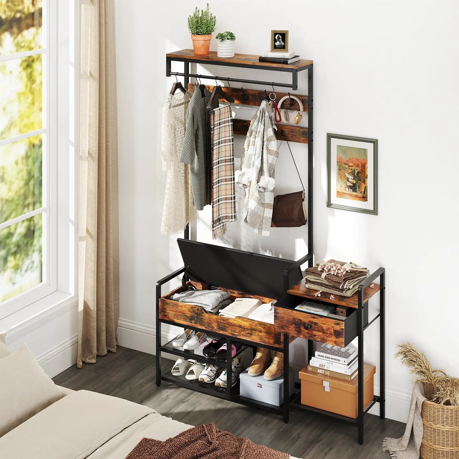 70 Inch Hall Tree with Shoe Storage Bench Freestanding Coat Rack-Rustic Brown by DirectDeals