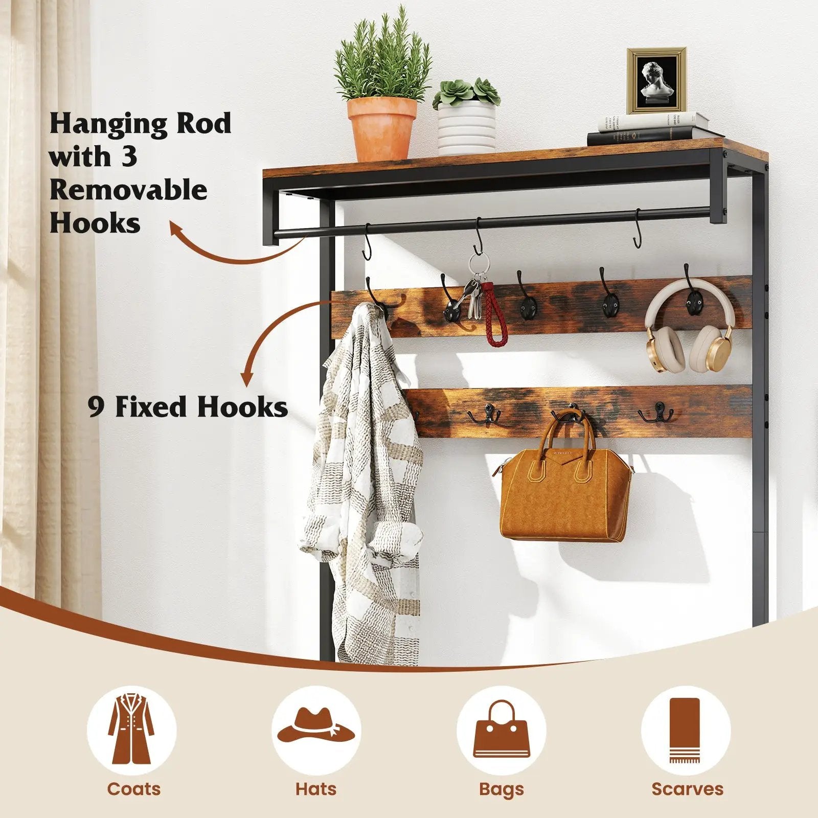 70 Inch Hall Tree with Shoe Storage Bench Freestanding Coat Rack-Rustic Brown by DirectDeals