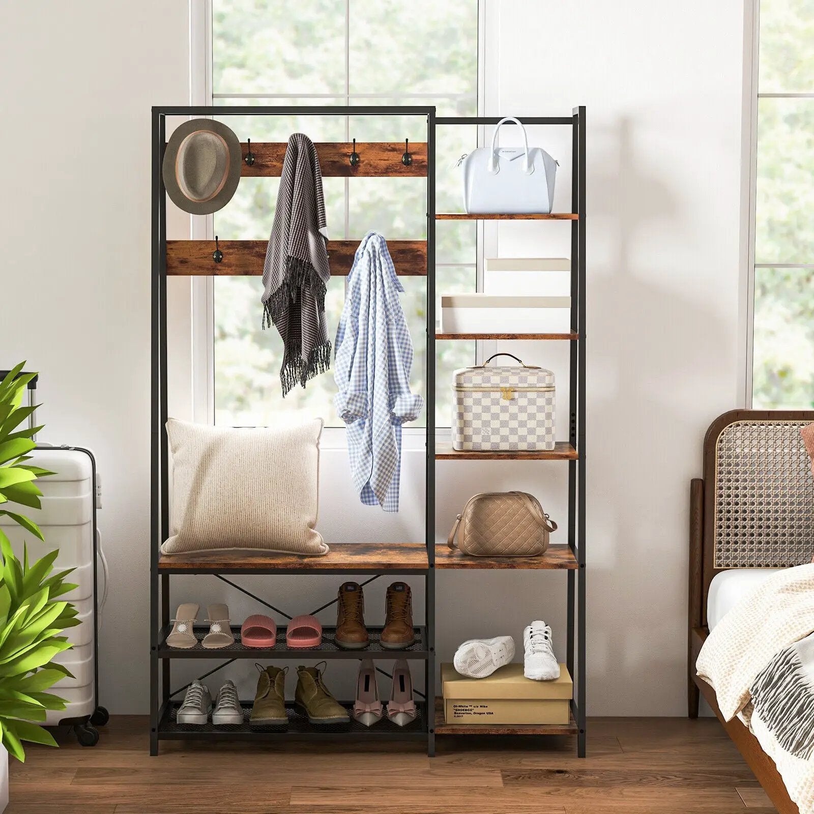 5-in-1 Entryway Hall Tree with Storage Bench with 9 Hooks-Rustic Brown by DirectDeals