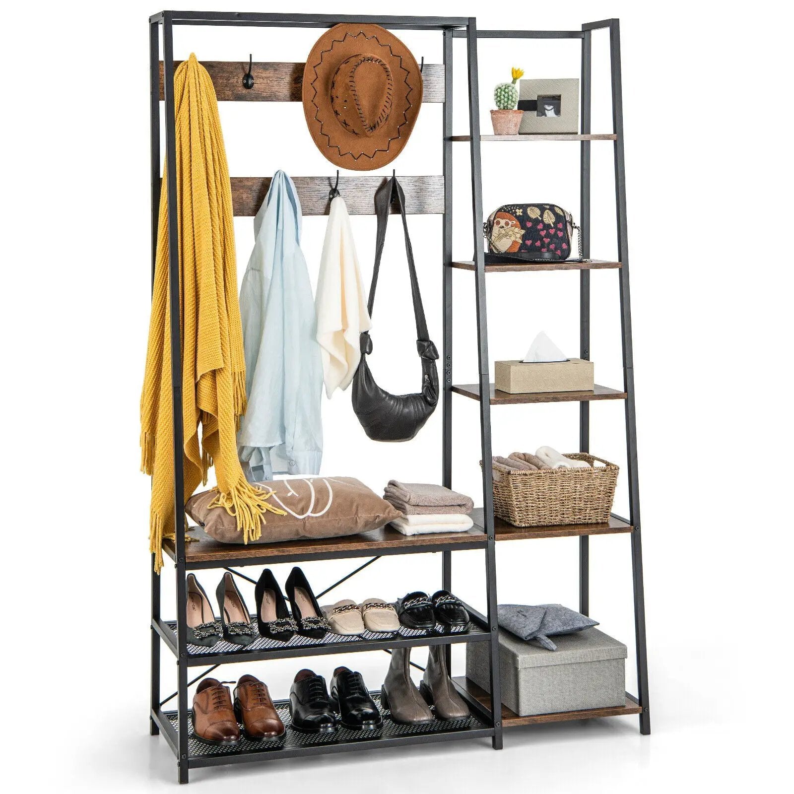 5-in-1 Entryway Hall Tree with Storage Bench with 9 Hooks-Rustic Brown by DirectDeals