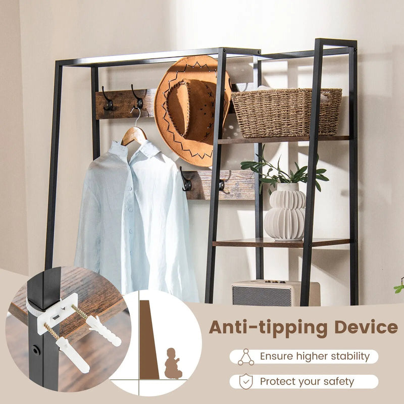 5-in-1 Entryway Hall Tree with Storage Bench with 9 Hooks-Rustic Brown by DirectDeals