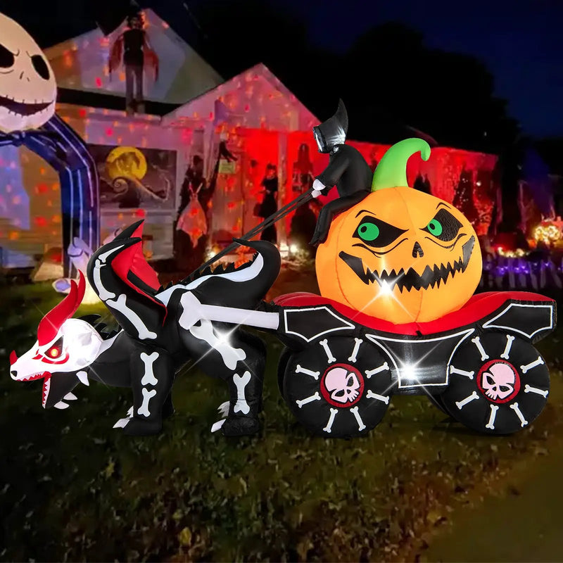 Halloween Inflatable LED Lighted Carriage with Pumpkin and Skeleton Dragon by DirectDeals