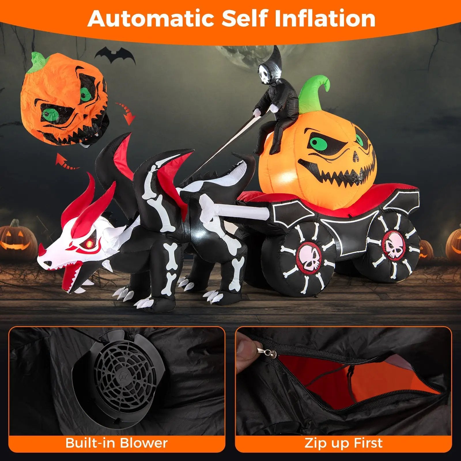 Halloween Inflatable LED Lighted Carriage with Pumpkin and Skeleton Dragon by DirectDeals