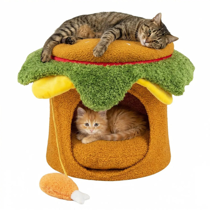 Hamburger Cat Nest with Chicken Drumstick Toy and Removable Cushion for Indoor Cats by DirectDeals