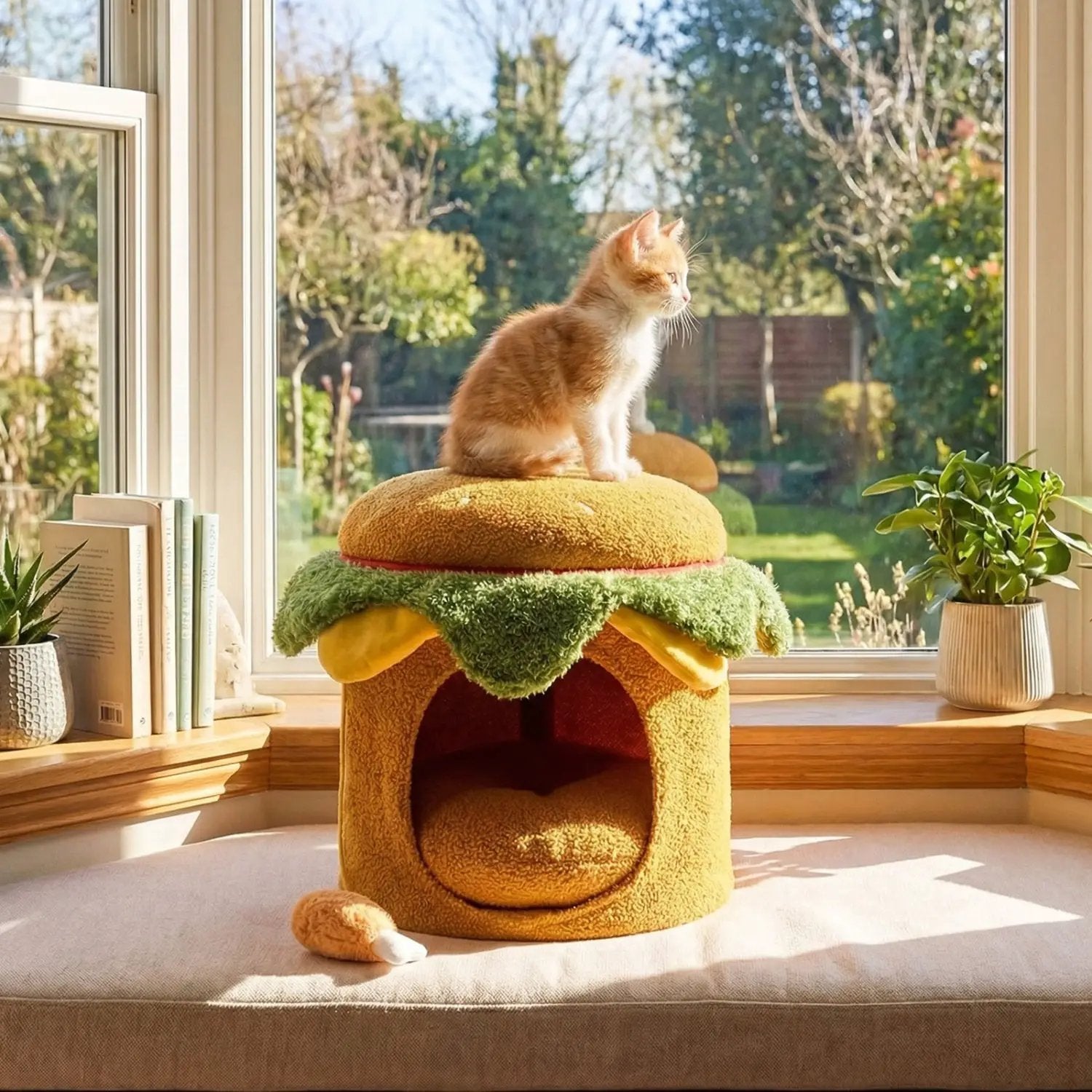 Hamburger Cat Nest with Chicken Drumstick Toy and Removable Cushion for Indoor Cats by DirectDeals