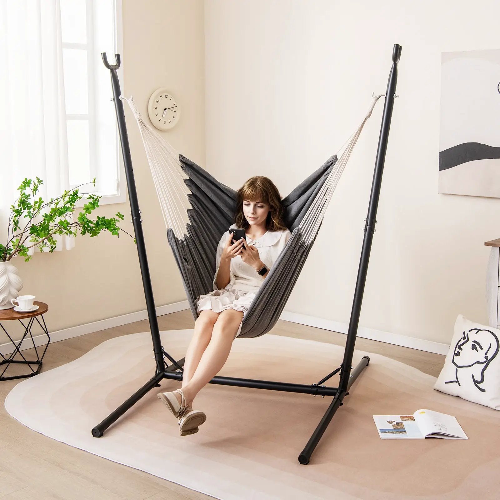 Hammock Chair with Stand 6-Position Adjustable Height and Side Pocket-Gray by DirectDeals