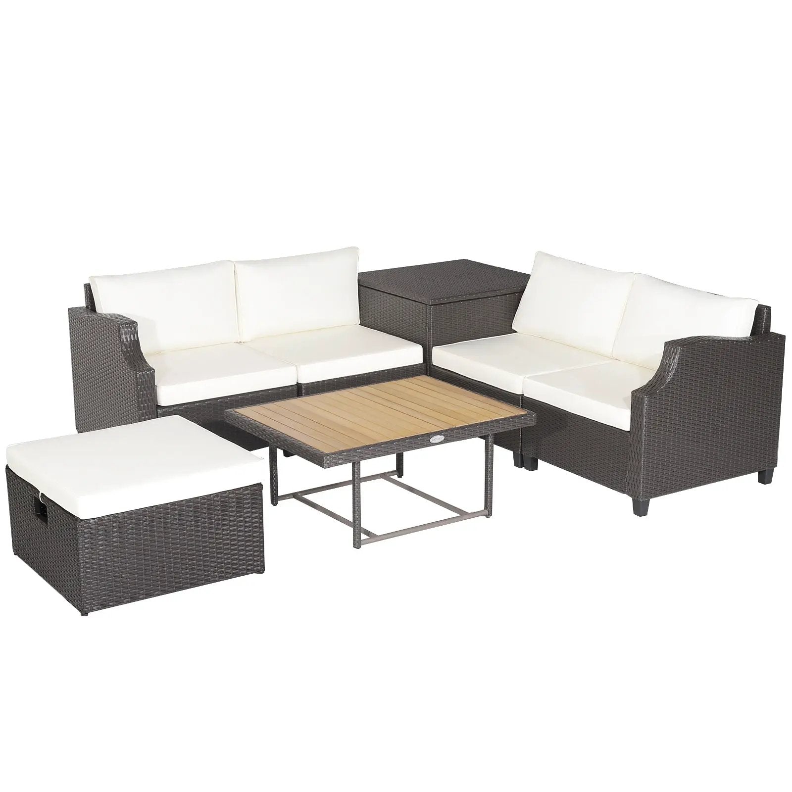 7 Pieces Hand-Woven Wicker Outdoor Furniture Set with Acacia Wood Coffee Table-White by DirectDeals