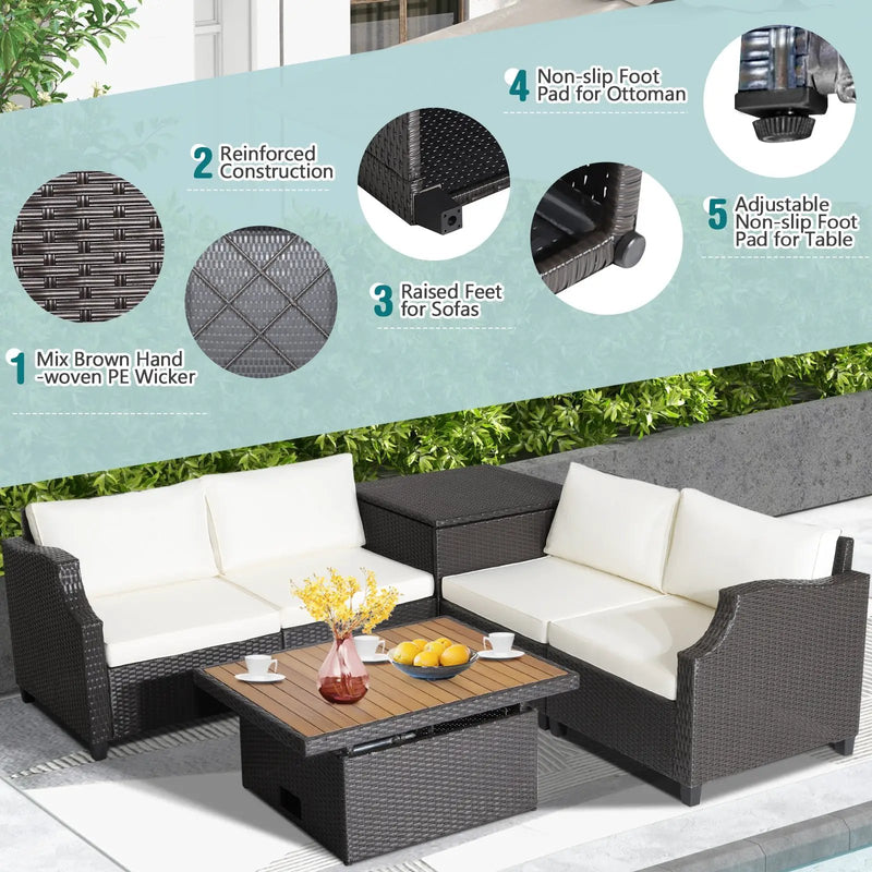 7 Pieces Hand-Woven Wicker Outdoor Furniture Set with Acacia Wood Coffee Table-White by DirectDeals