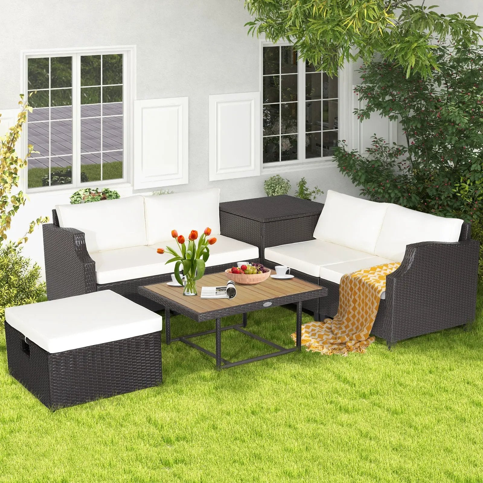 7 Pieces Hand-Woven Wicker Outdoor Furniture Set with Acacia Wood Coffee Table-White by DirectDeals