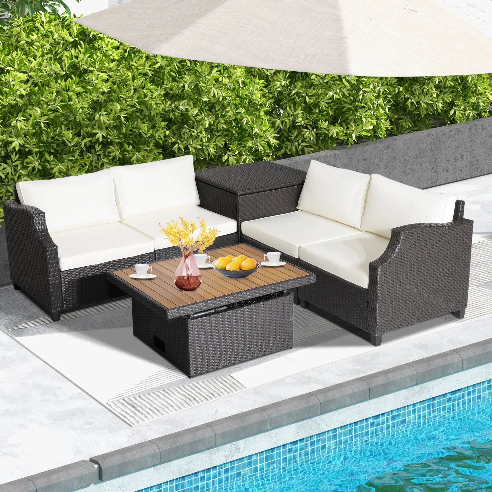 7 Pieces Hand-Woven Wicker Outdoor Furniture Set with Acacia Wood Coffee Table-White by DirectDeals