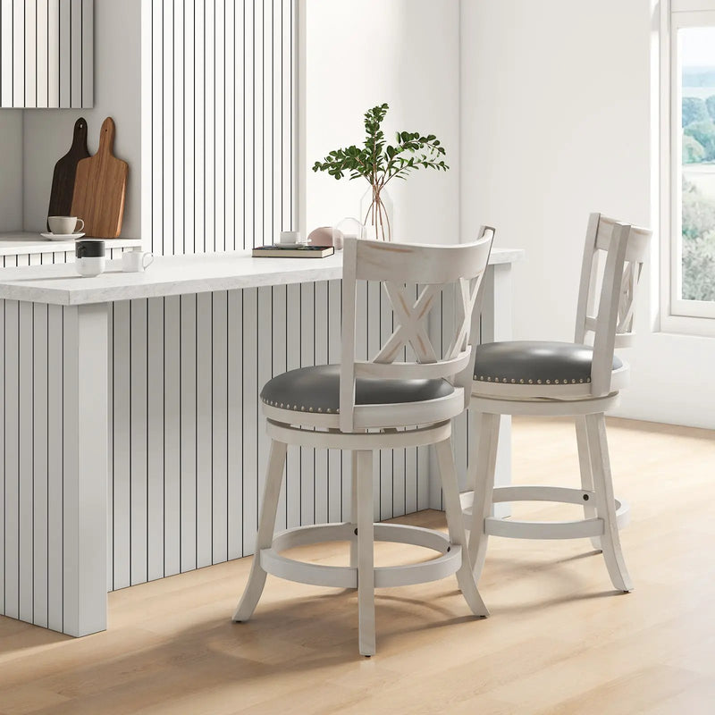 25.5 Inch Hand-Antiqued Stool Set of 2 with Wider Padded Seat-White by DirectDeals