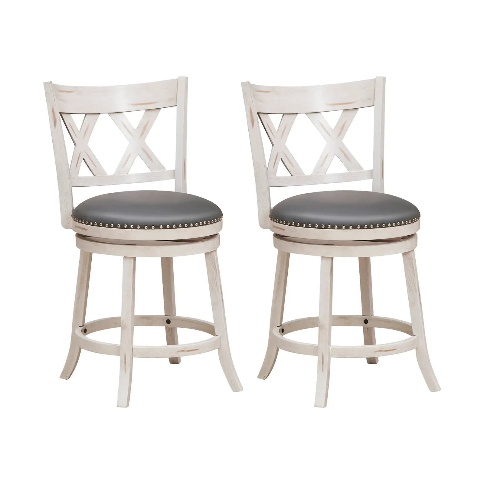 25.5 Inch Hand-Antiqued Stool Set of 2 with Wider Padded Seat-White by DirectDeals