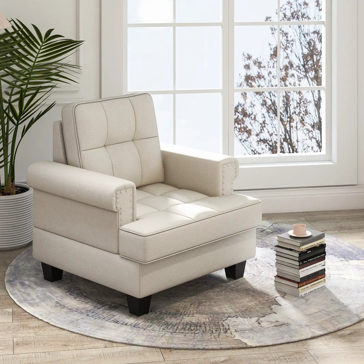 Mid-century Modern Accent Armchair Tufted Linen Club Chair, photo 3 of 16