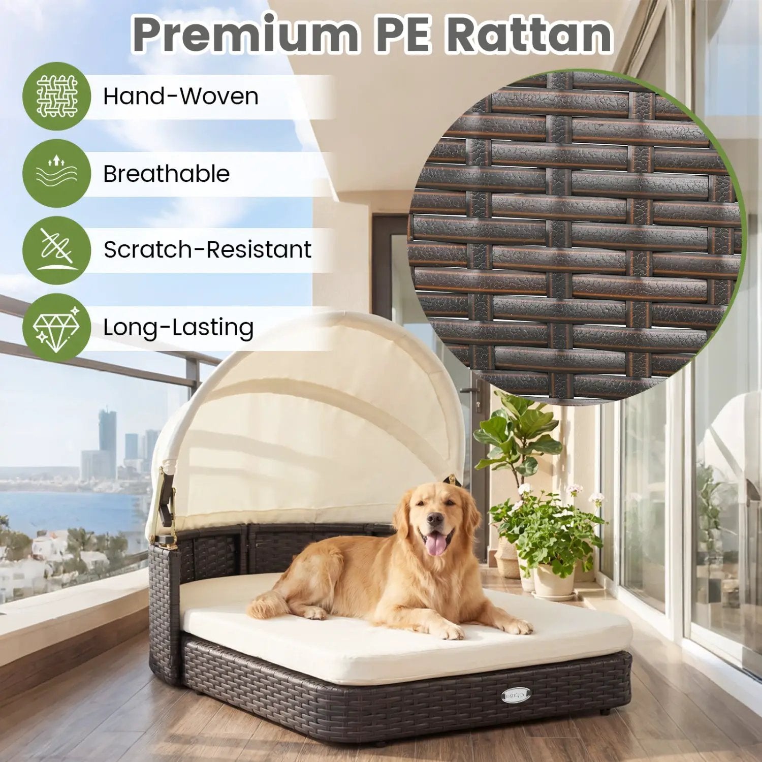 Rattan Pet Daybed with Adjustable Canopy for Small & Medium Dogs by DirectDeals
