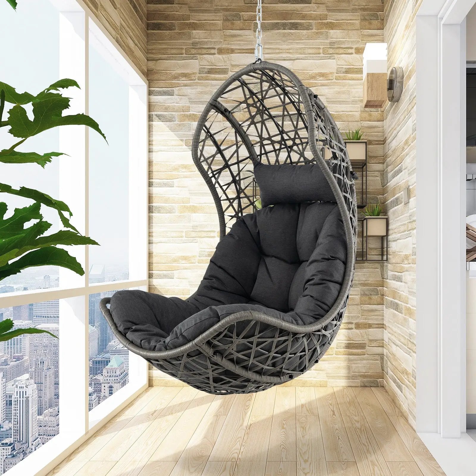 Hanging Egg Chair PE Rattan Swing Hammock Chair with Soft Pillow and Cushion-Gray by DirectDeals