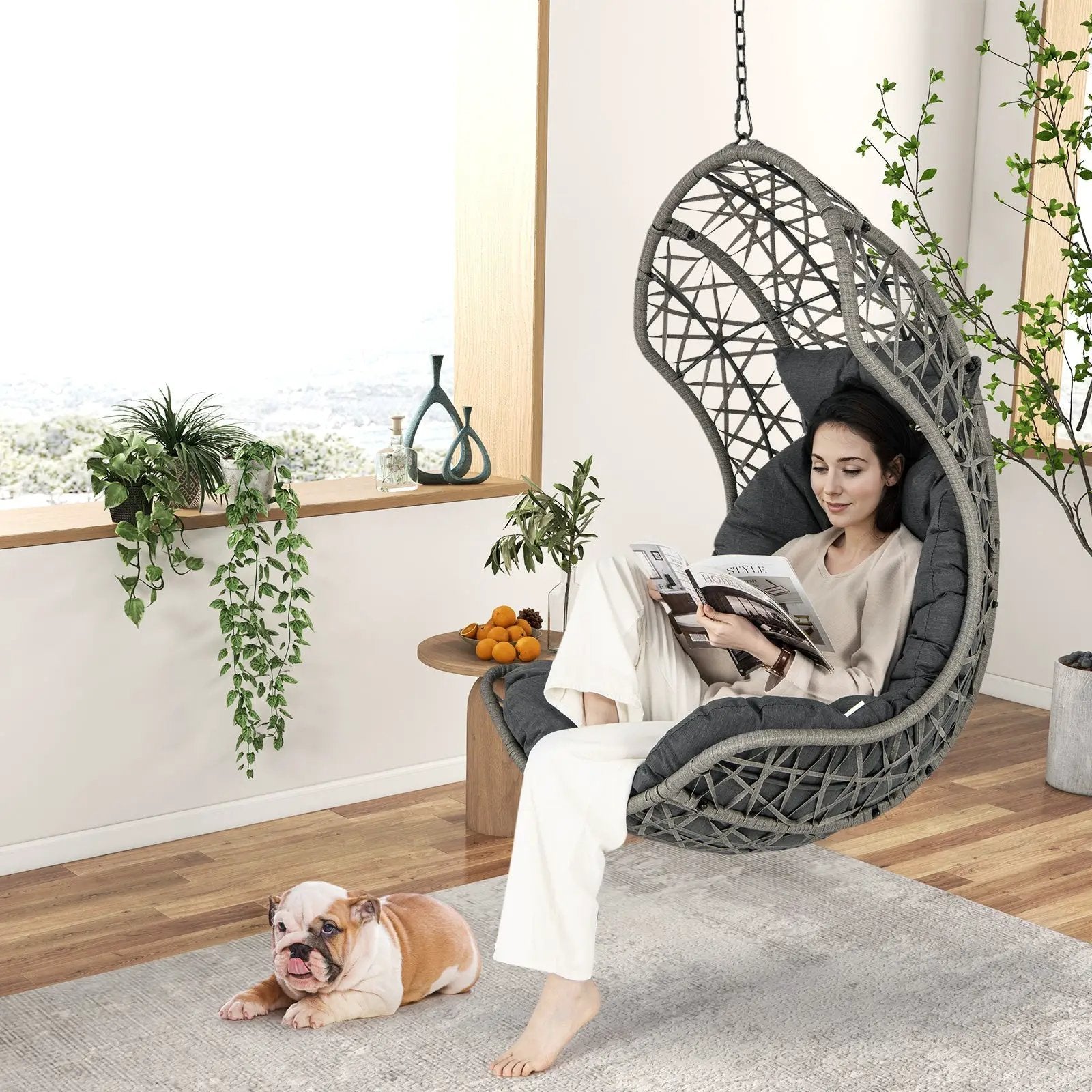 Hanging Egg Chair PE Rattan Swing Hammock Chair with Soft Pillow and Cushion-Gray by DirectDeals