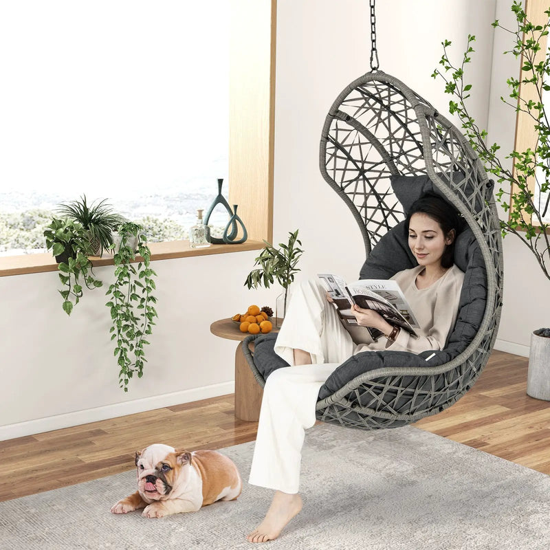 Hanging Egg Chair PE Rattan Swing Hammock Chair with Soft Pillow and Cushion-Gray by DirectDeals