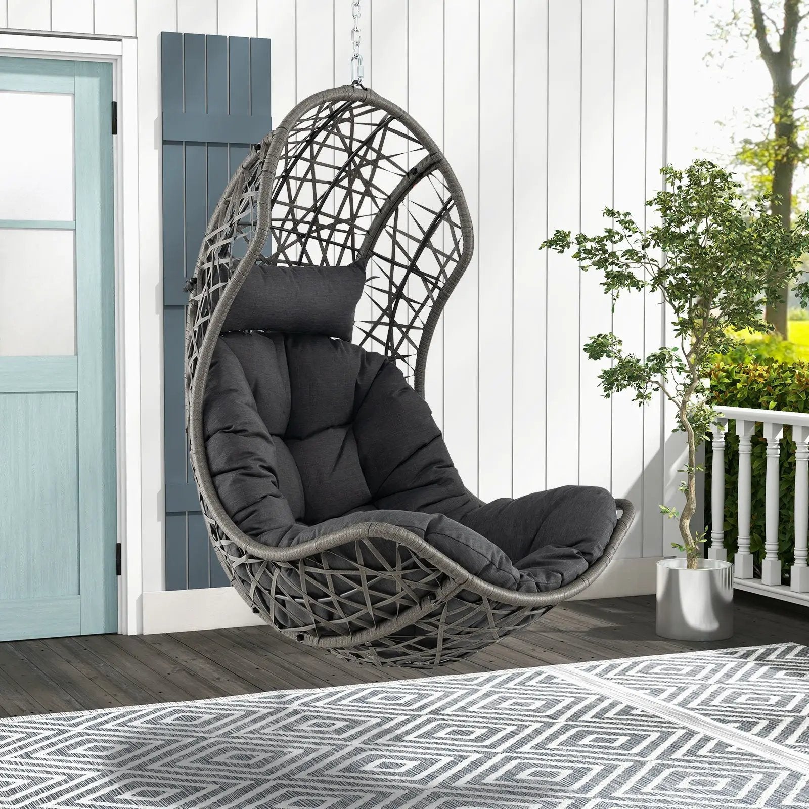 Hanging Egg Chair PE Rattan Swing Hammock Chair with Soft Pillow and Cushion-Gray by DirectDeals