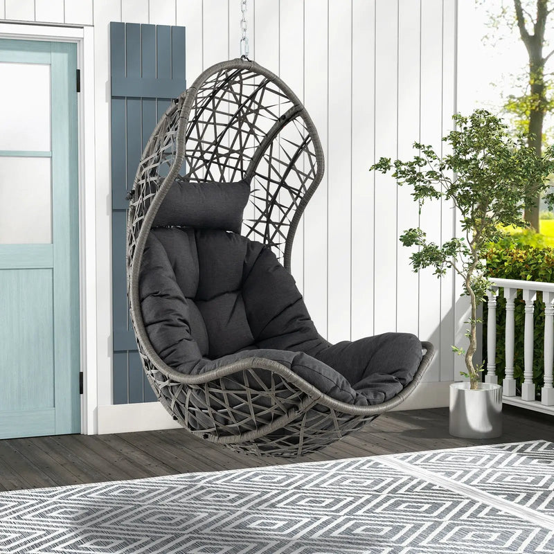 Hanging Egg Chair PE Rattan Swing Hammock Chair with Soft Pillow and Cushion-Gray by DirectDeals