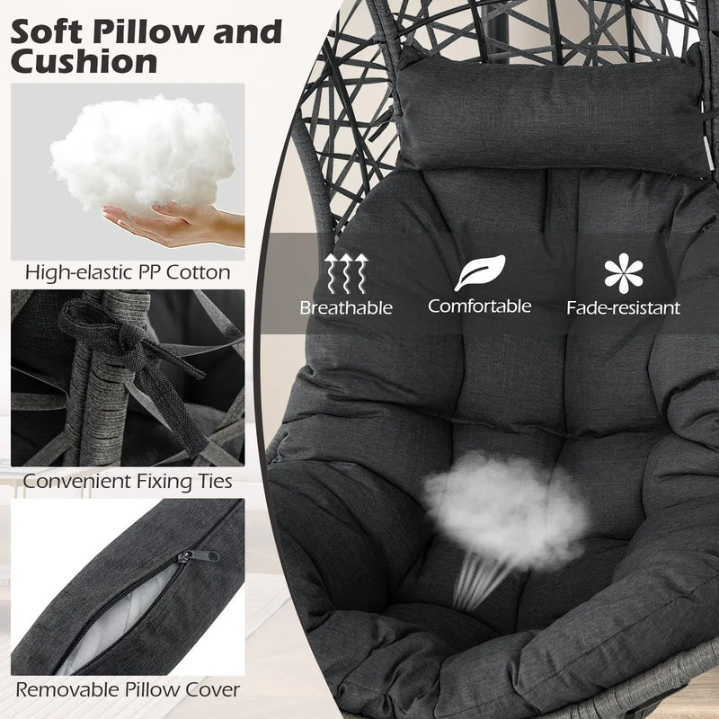 Hanging Egg Chair PE Rattan Swing Hammock Chair with Soft Pillow and Cushion-Gray by DirectDeals