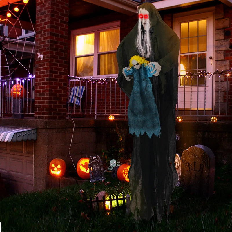 Hanging Halloween Decoration Sound-Activated Witch Holding Ghost Girl with Spooky Sounds by DirectDeals