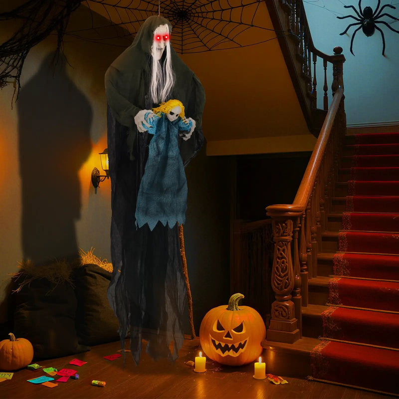 Hanging Halloween Decoration Sound-Activated Witch Holding Ghost Girl with Spooky Sounds by DirectDeals