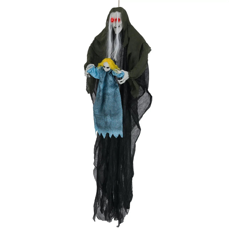Hanging Halloween Decoration Sound-Activated Witch Holding Ghost Girl with Spooky Sounds by DirectDeals