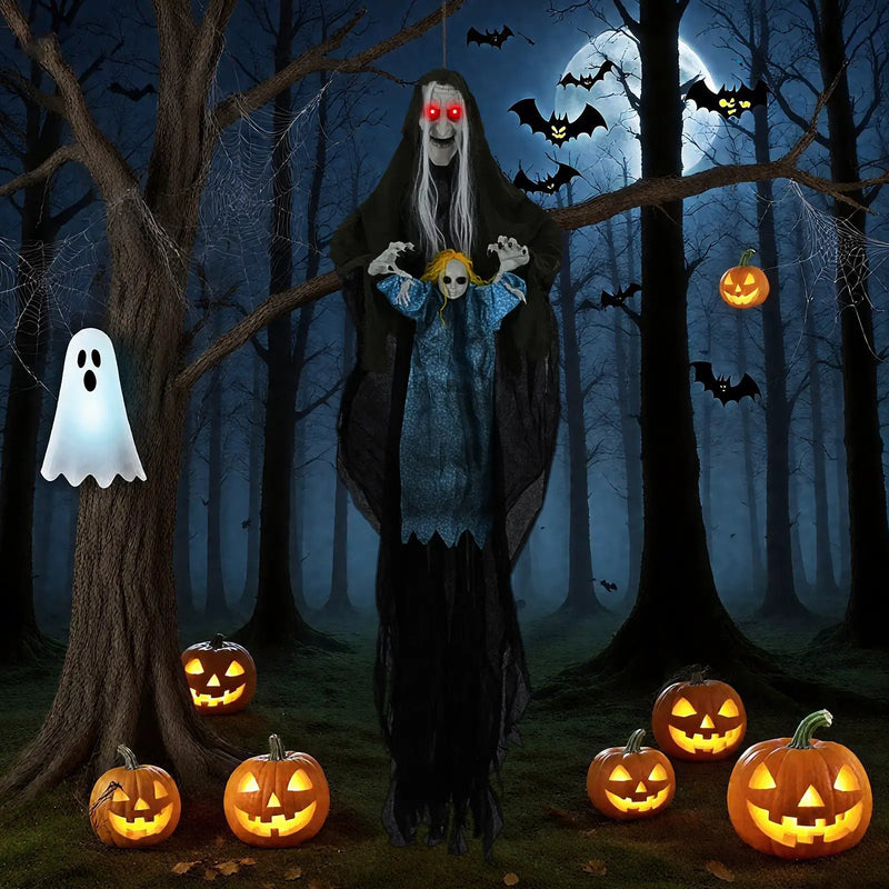 Hanging Halloween Decoration Sound-Activated Witch Holding Ghost Girl with Spooky Sounds by DirectDeals