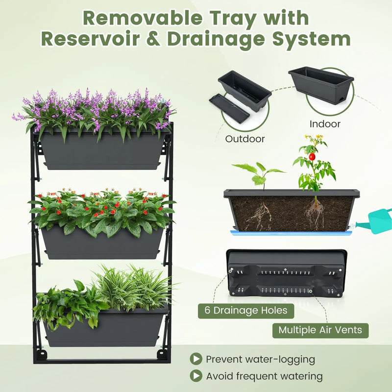 Hanging Vertical Planter Wall-mounted Adjustable with Detachable Hooks-Black by DirectDeals