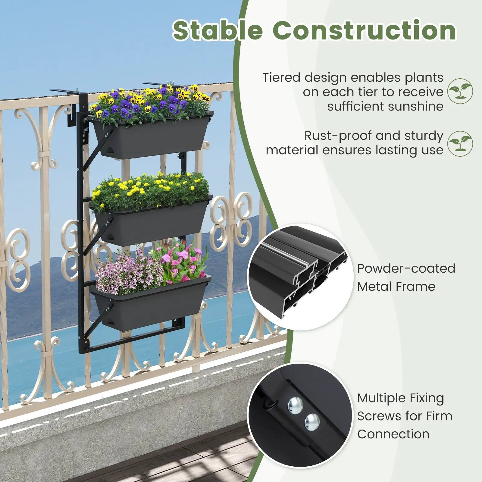 Hanging Vertical Planter Wall-mounted Adjustable with Detachable Hooks-Black by DirectDeals