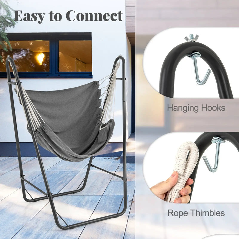Hammock Chair with Heavy Duty Metal Frame and Side Pocket-Gray by DirectDeals