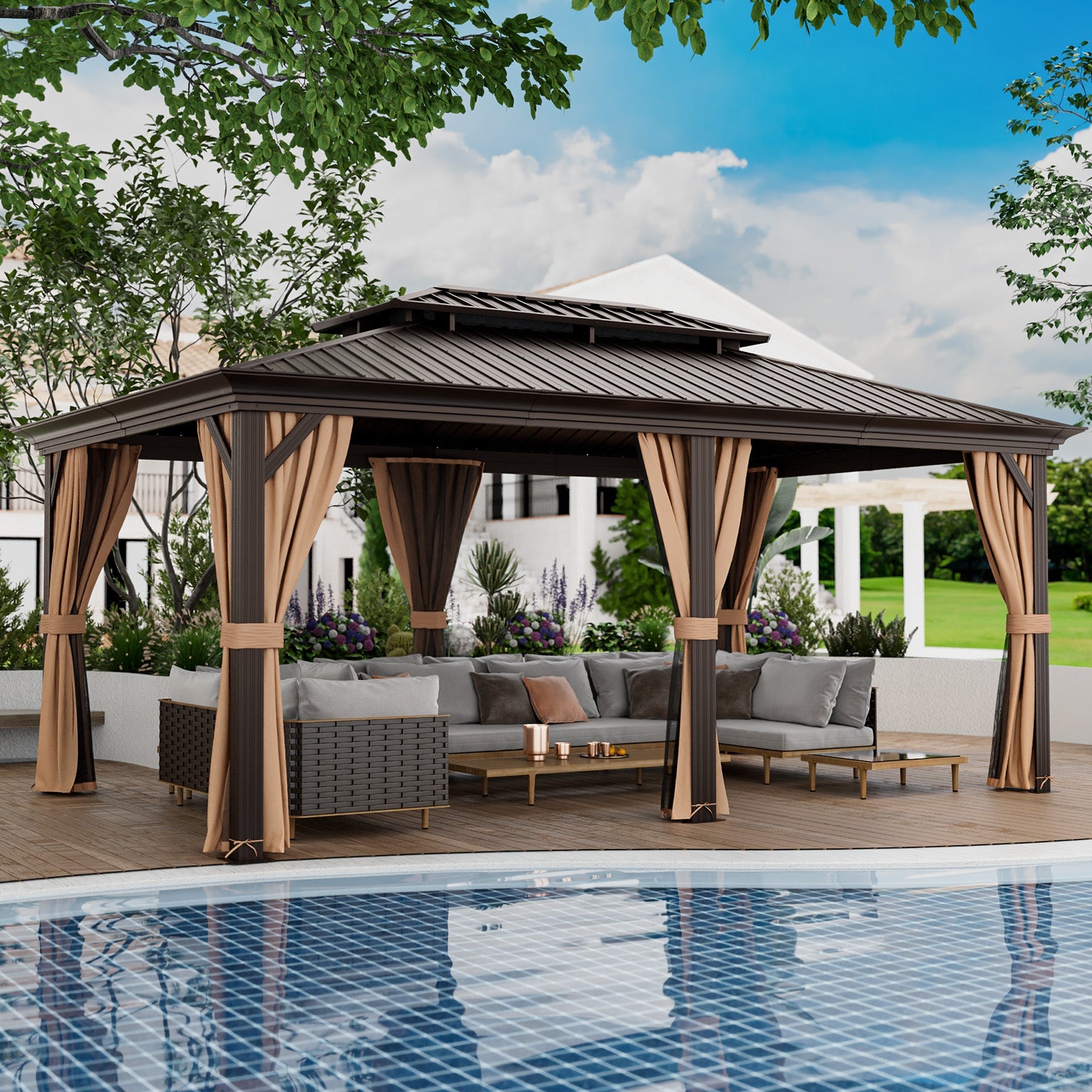 12' x 20' Double-Roof Hardtop Gazebo with Galvanized Steel Roof-Coffee by DirectDeals