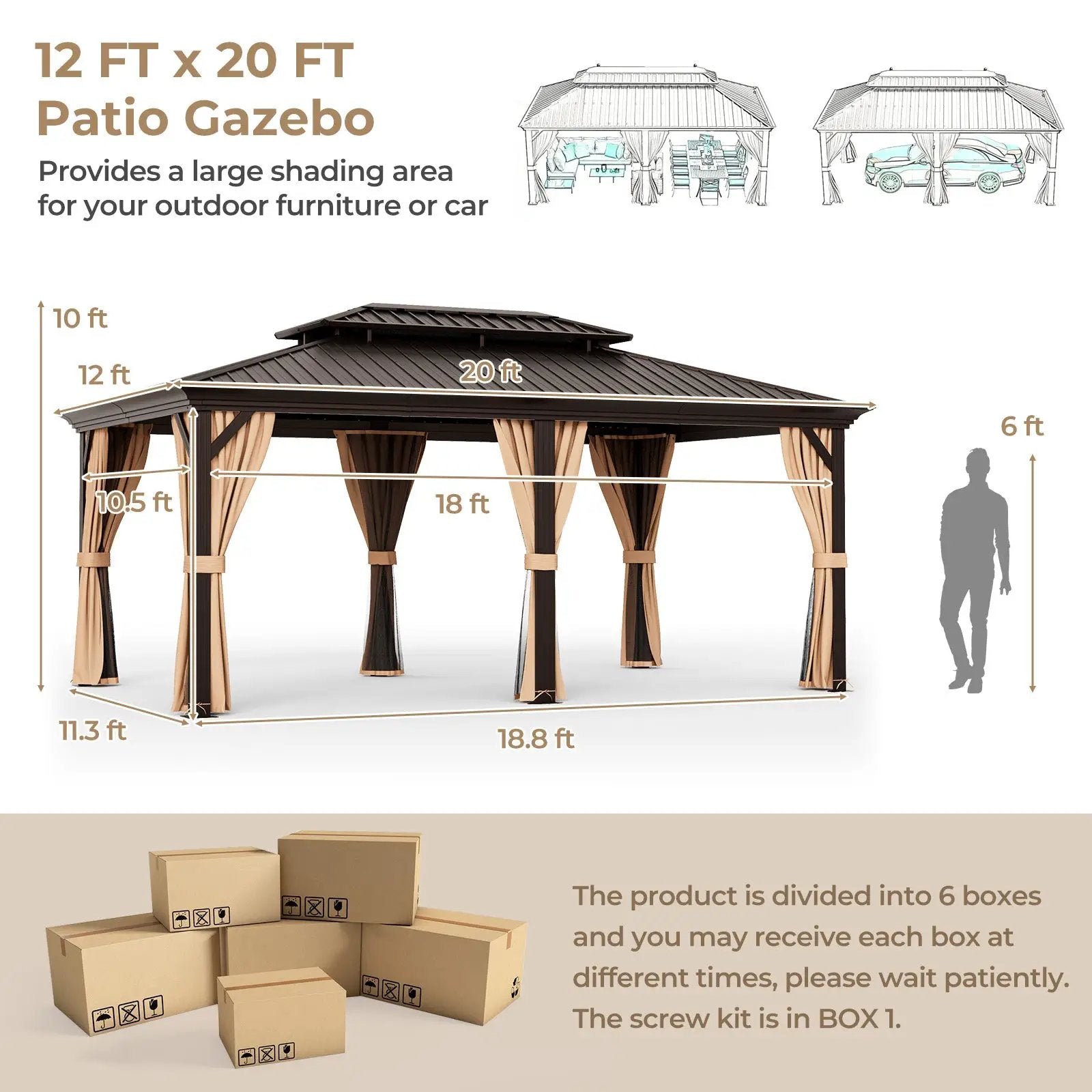 12' x 20' Double-Roof Hardtop Gazebo with Galvanized Steel Roof-Coffee by DirectDeals