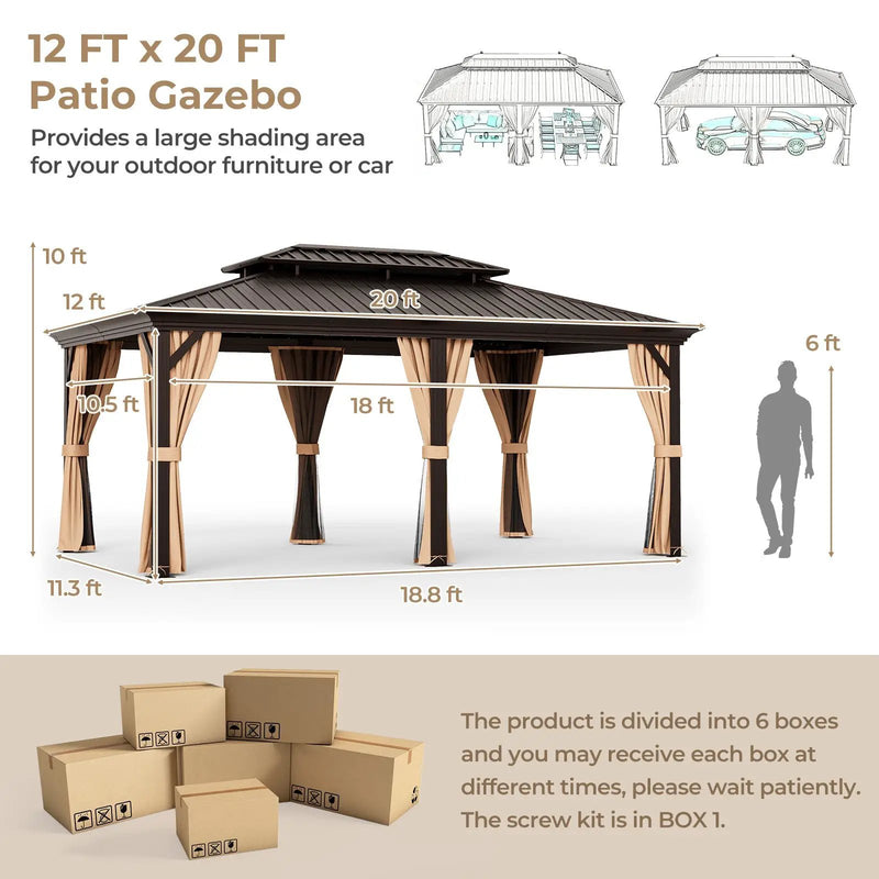 12' x 20' Double-Roof Hardtop Gazebo with Galvanized Steel Roof-Coffee by DirectDeals