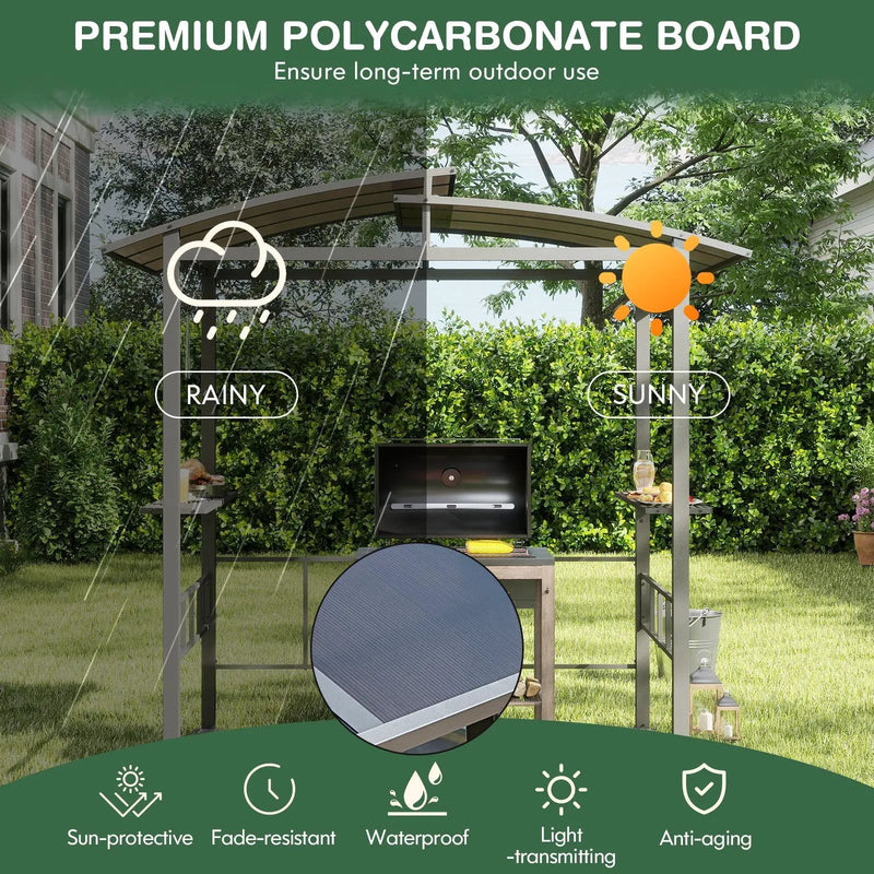 Hardtop Grill Gazebo with Vented Polycarbonate Roof Side Shelves-Black by DirectDeals