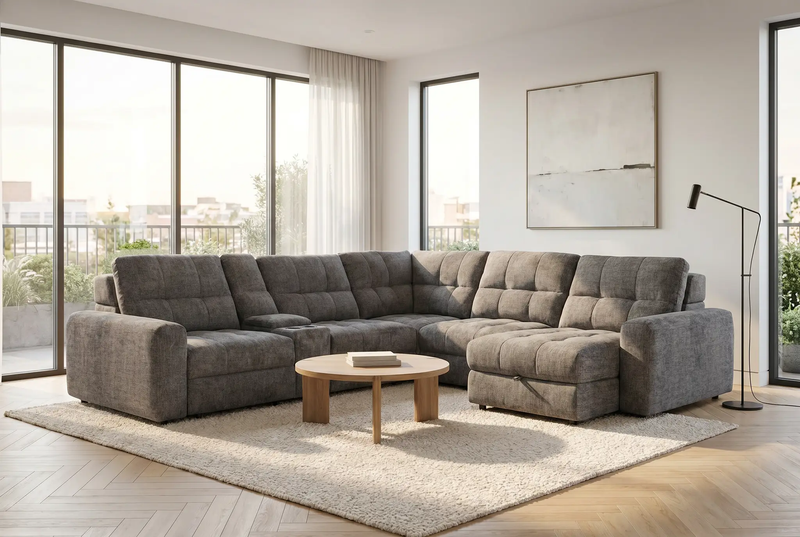 Haven Gunmetal 7-Piece Sleeper Sectional with Sliding Seats and Storage by Ornate Furniture