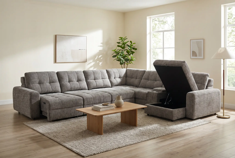 Haven Gunmetal 7-Piece Sleeper Sectional with Sliding Seats and Storage by Ornate Furniture