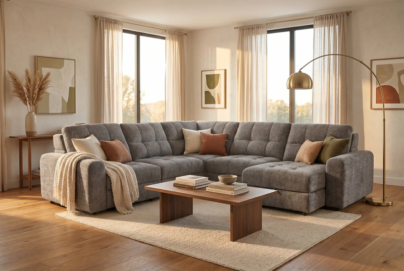 Haven Gunmetal 7-Piece Sleeper Sectional with Sliding Seats and Storage by Ornate Furniture