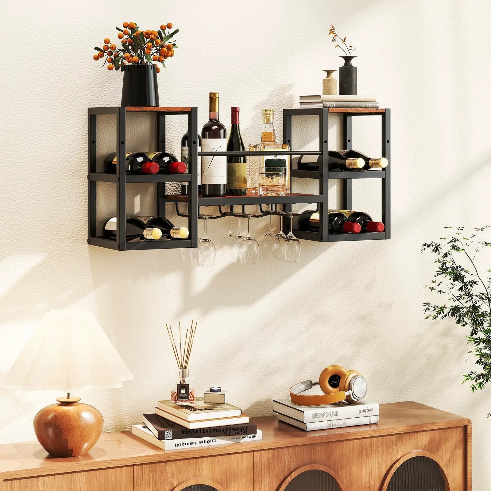 Heavy-duty Wall Mounted Wine Rack with Glass Holder Metal Frame 8-Bottle Holder-Rustic Brown by DirectDeals