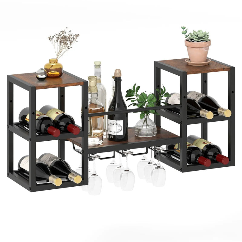 Heavy-duty Wall Mounted Wine Rack with Glass Holder Metal Frame 8-Bottle Holder-Rustic Brown by DirectDeals