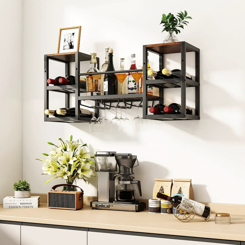 Heavy-duty Wall Mounted Wine Rack with Glass Holder Metal Frame 8-Bottle Holder-Rustic Brown by DirectDeals